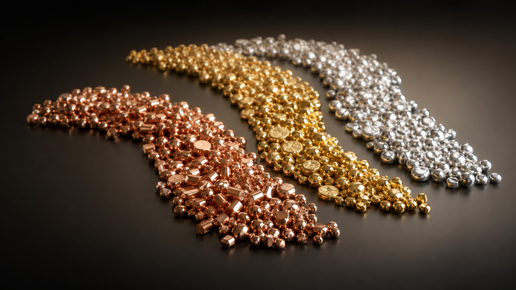Goldfarbene, roséfarbene und silberfarbene Legierungsgranulate auf dunklem Untergrund